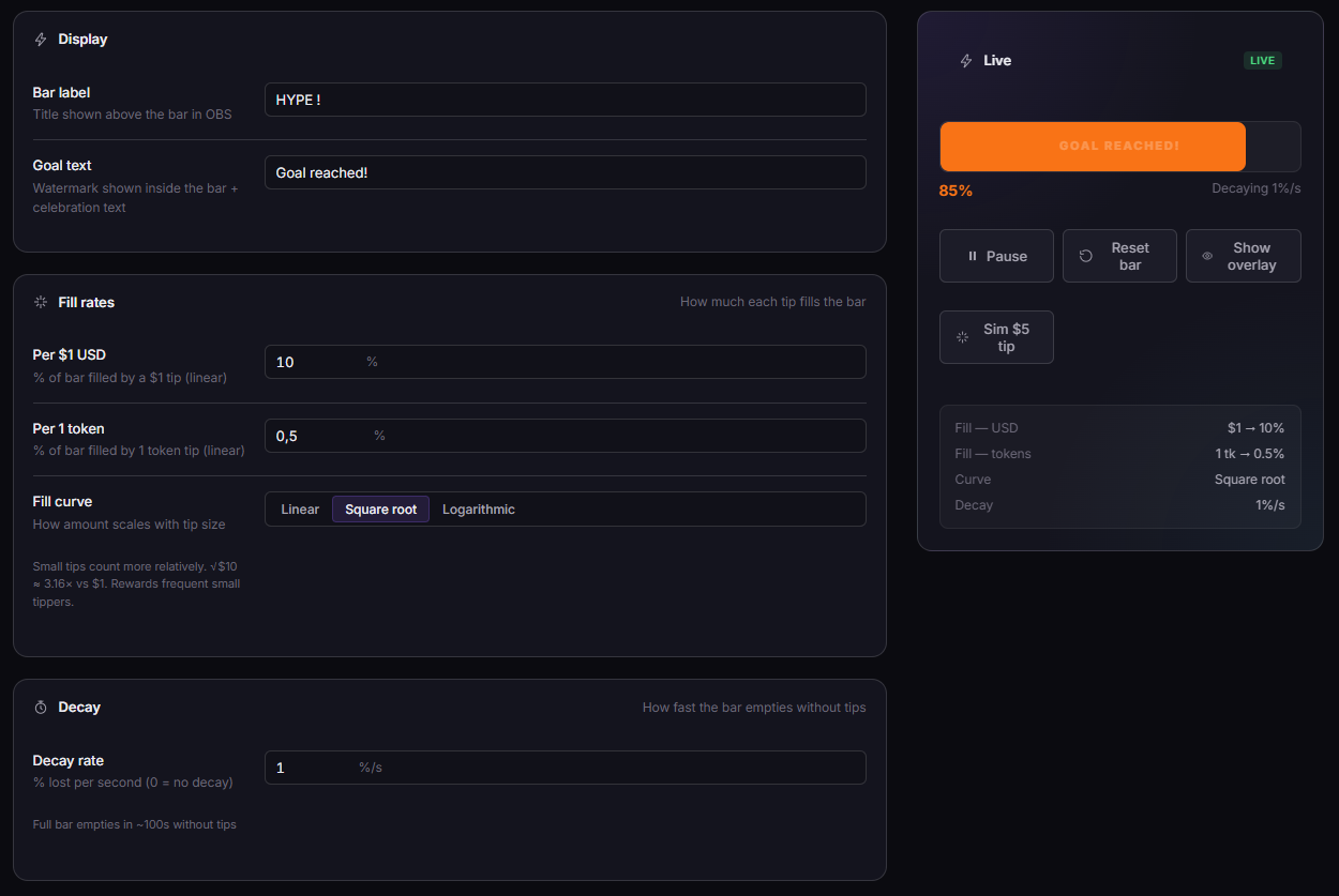 TipDeck Hype Meter — dashboard and settings overview