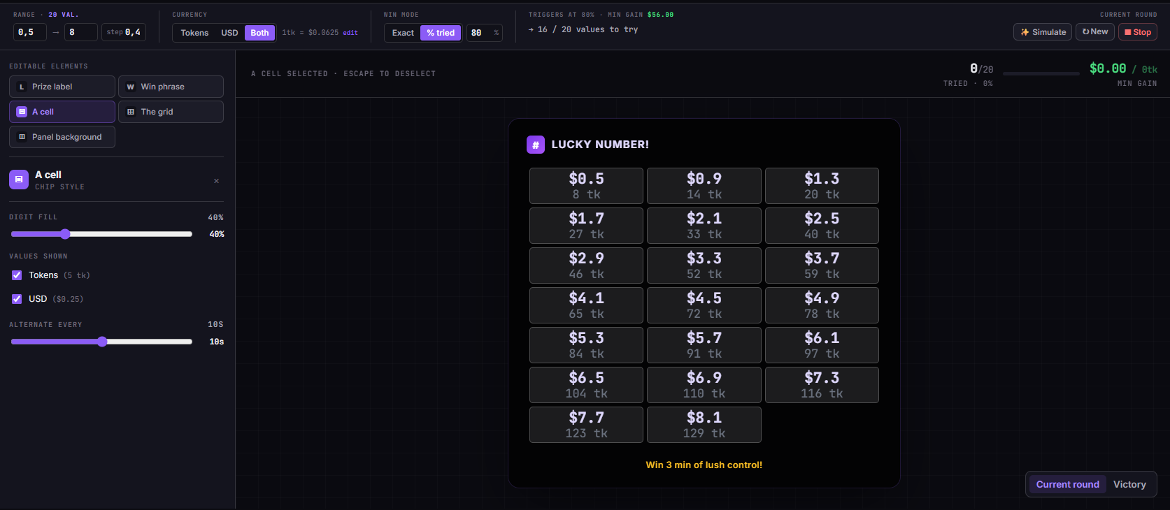 TipDeck Lucky Number — dashboard and grid configuration