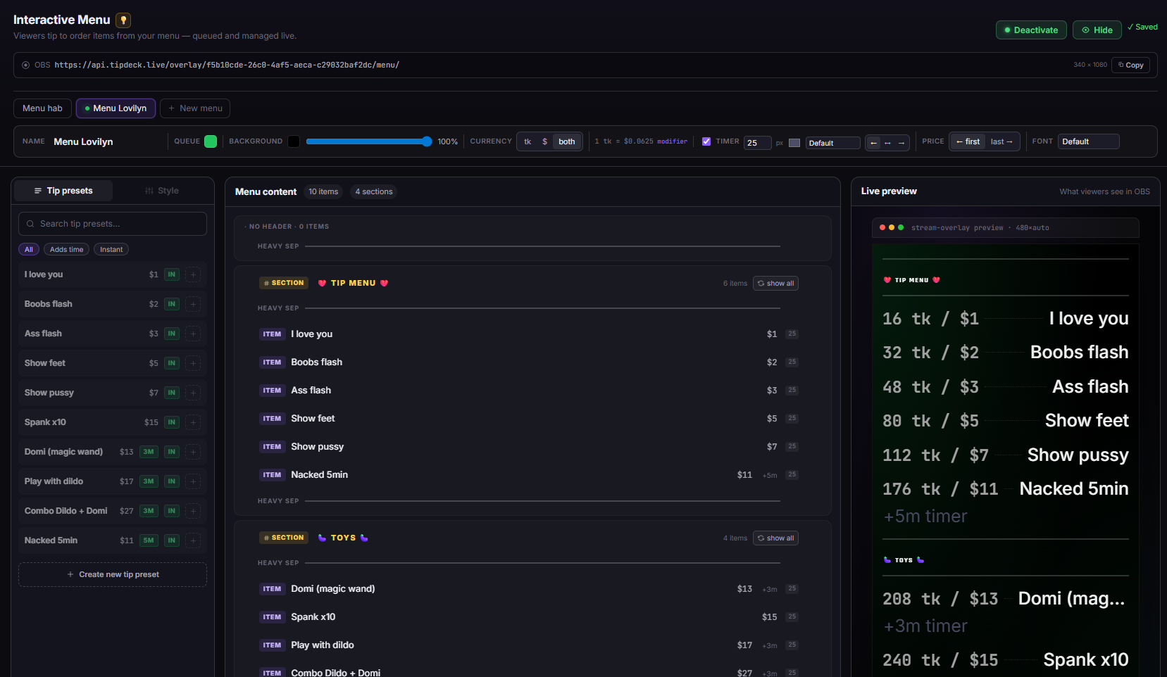 TipDeck Menu — drag-drop menu builder and dashboard