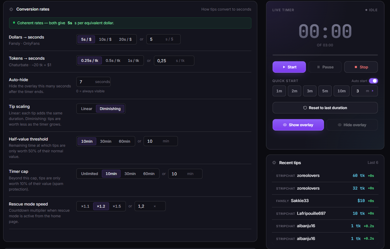 TipDeck Timer — conversion rates and preset configuration