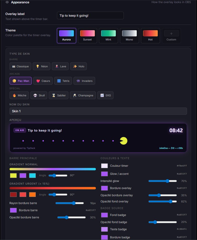 TipDeck Timer — color theme and style settings
