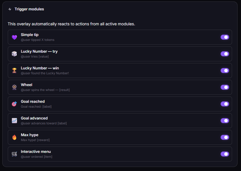 TipDeck Alert — event modules and preset configuration