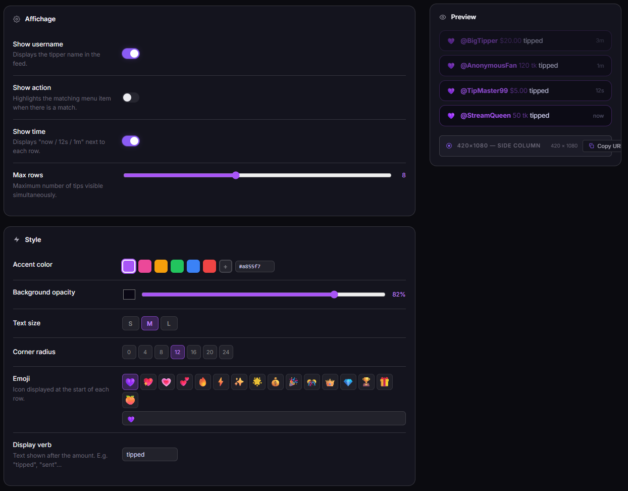 TipDeck Feed — dashboard configuration overview