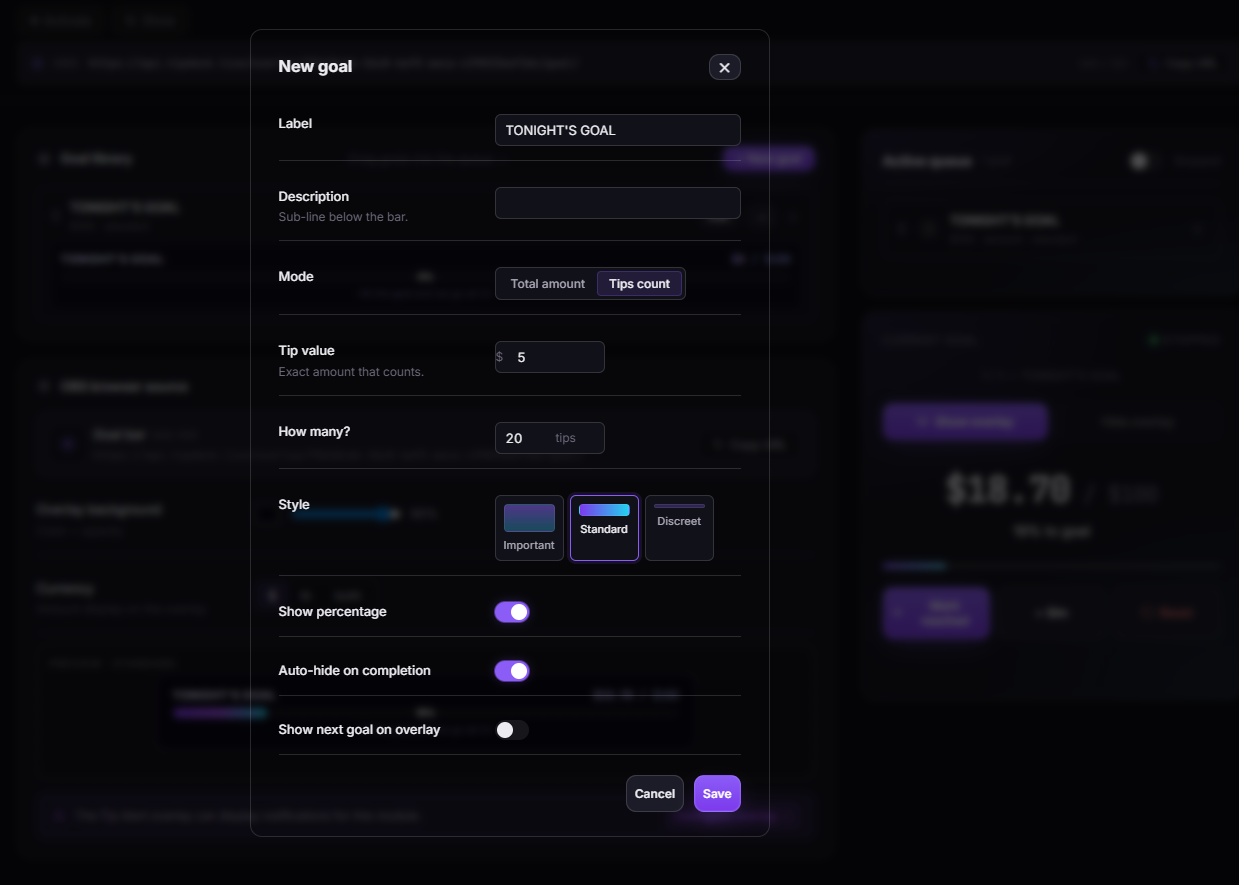 TipDeck Goal — dashboard and goal bar configuration