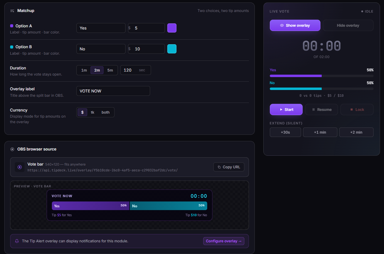 TipDeck Vote — dashboard and vote configuration