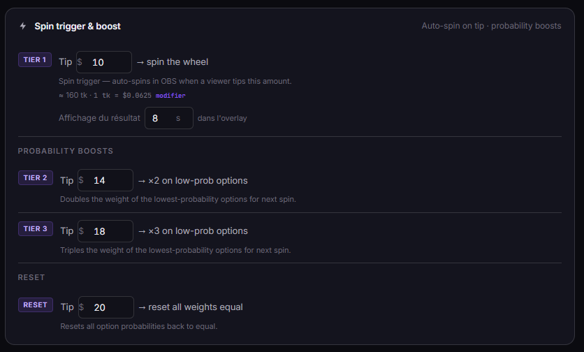 TipDeck Wheel — slice editor and tier configuration